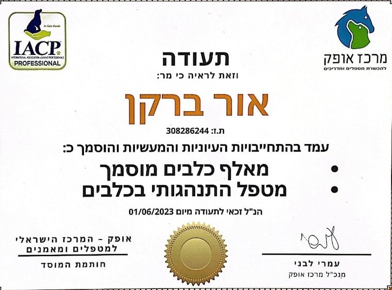 תעודת הסמכה: אור ברקן, כלבנות טיפולית - IACP Professional
